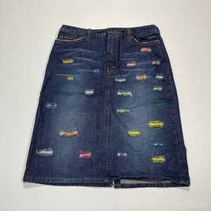 Vintage Y2K Dolce And Gabbana Denim Midi Skirt Size 30 Rainbow Rips 28in Waist